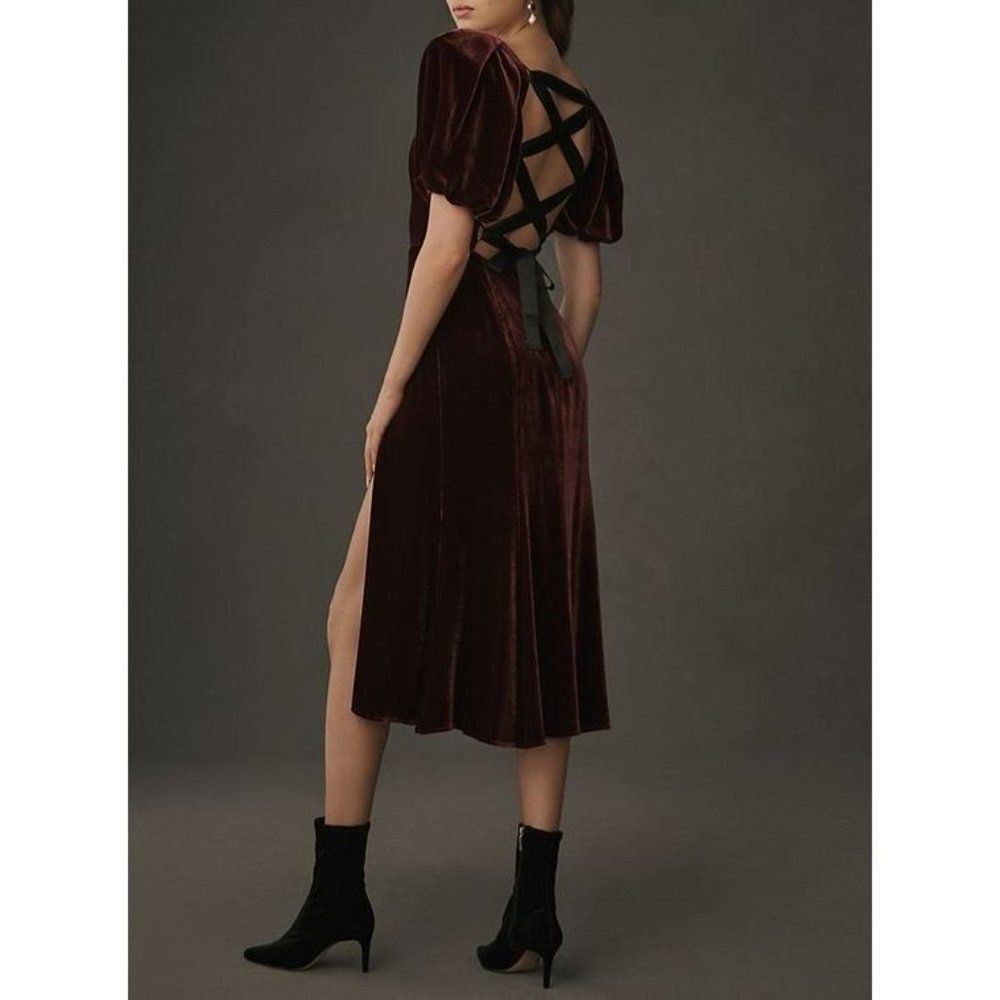 NWT Reformation Jocelyn Velvet Dress Size 10‎ Burgundy Red Midi - Picture 4 of 10